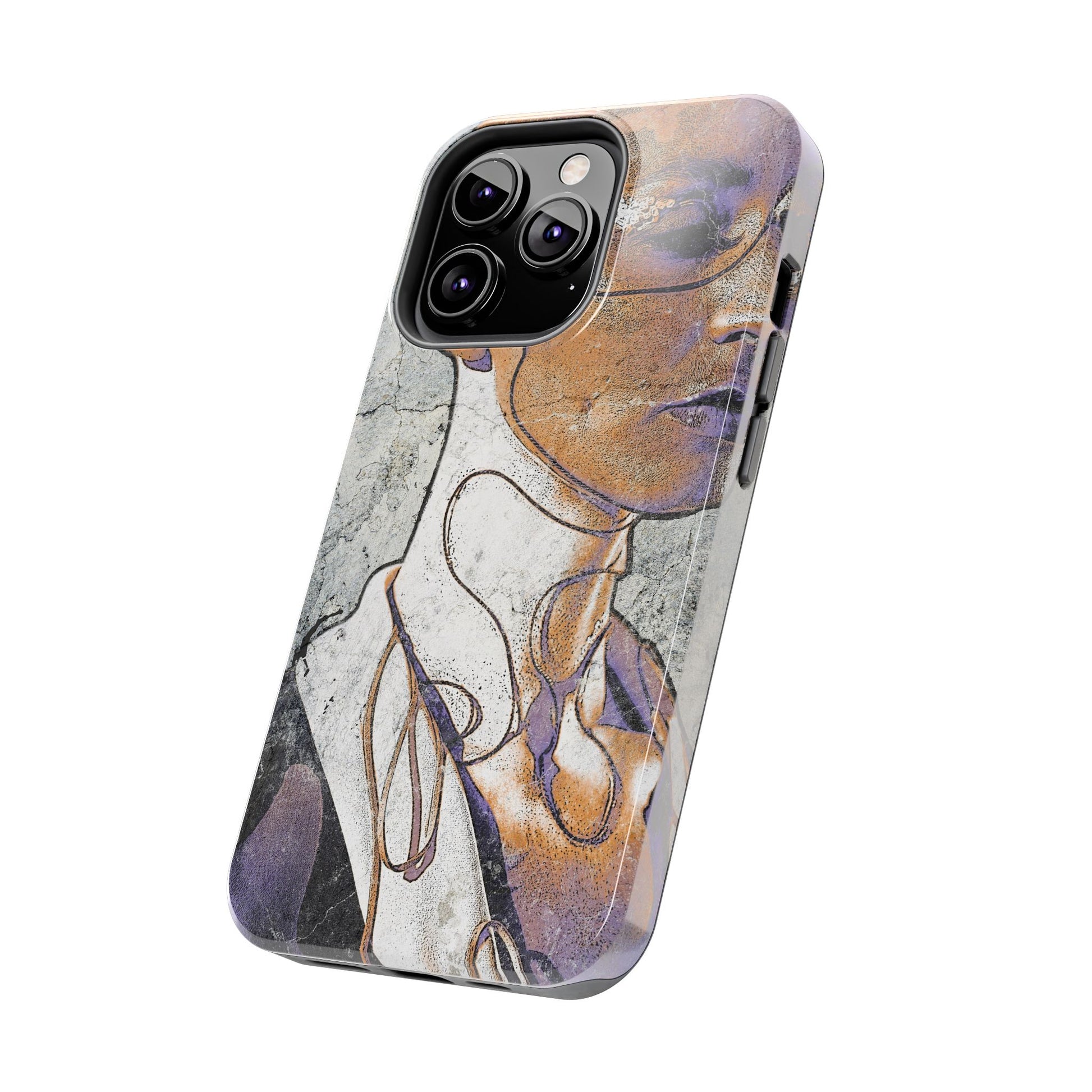 Angled view of portrait phone case with rust and purple tones and high-gloss finish