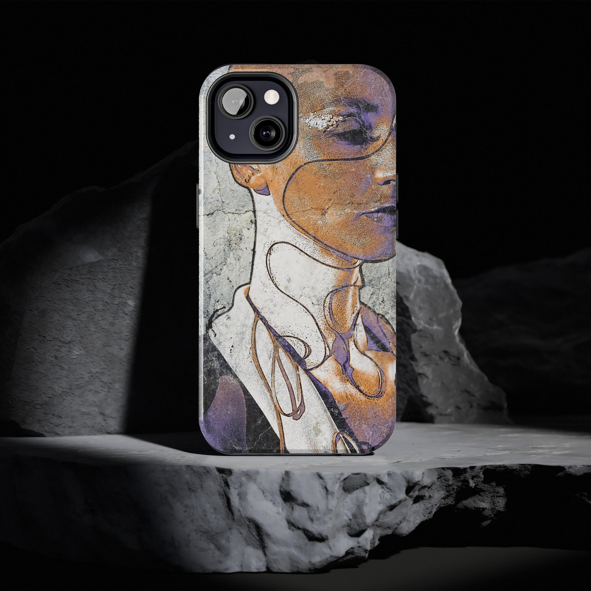 Grunge street art phone case displayed upright on a stone platform with dramatic shadows