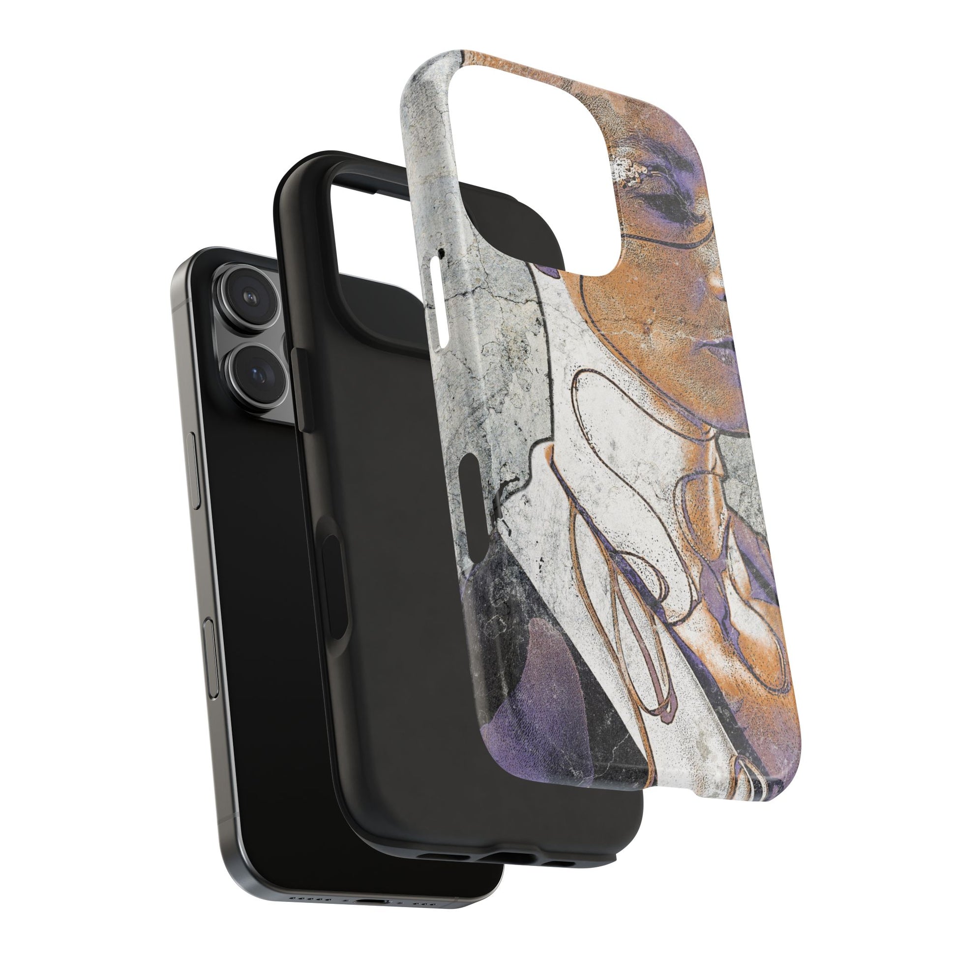 Phone case shown in layers: soft shock-absorbing inner lining and outer printed shell